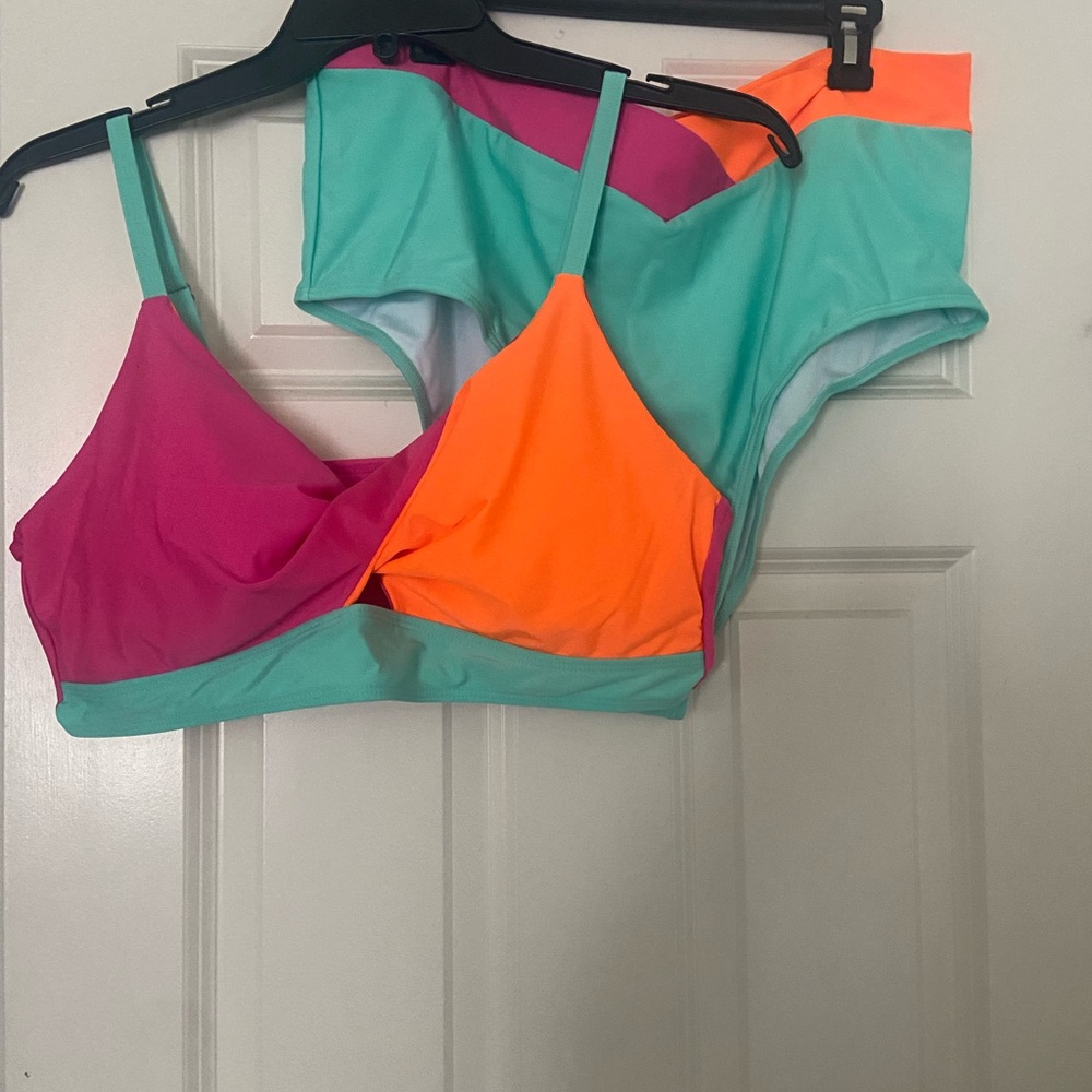 SHEIN Colorblock Bikini Set - Turquoise, Pink & Neon Orange